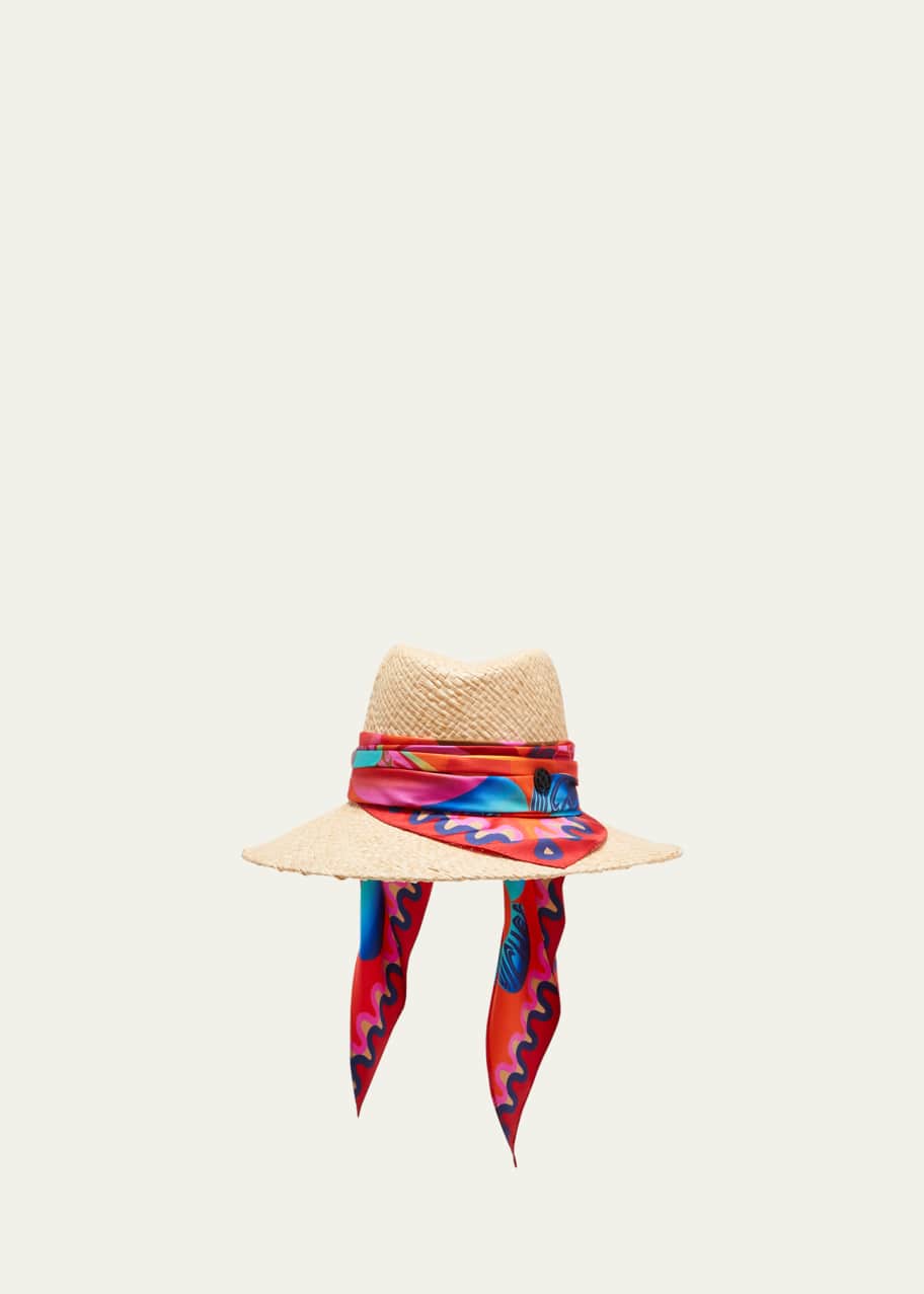 Image 1 of 1: Kate Raffia Straw Fedora With Silk Scarf