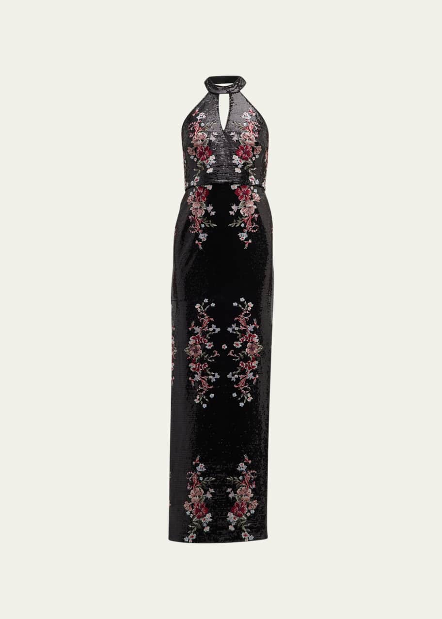 sachin and babi light blue dress Marchesa Notte Floral-Embroidered Cutout Sequin Halter Gown