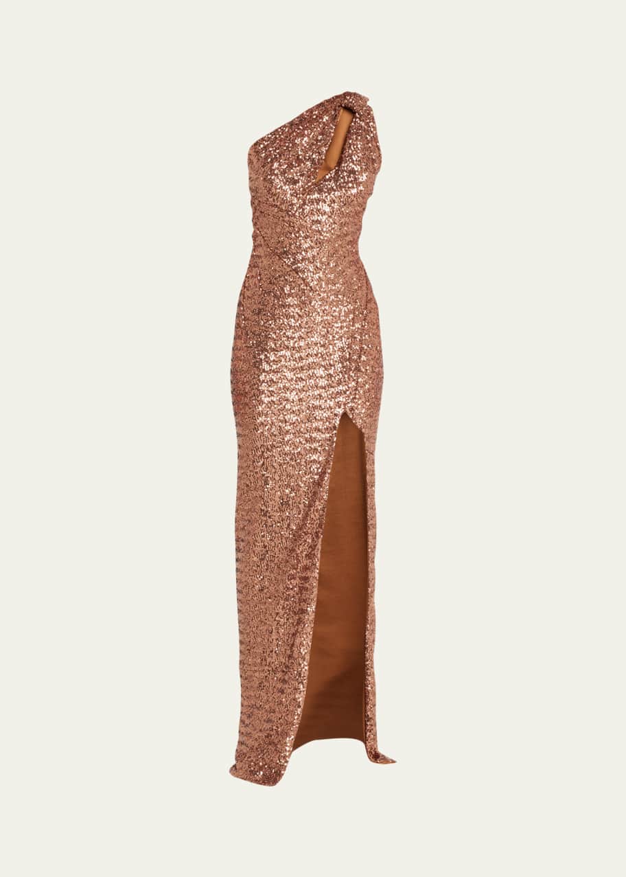 slim fit dress slacks Rose Gold Sequined One Shoulder Event Dress Size 10 – DYL Fashions main image 0