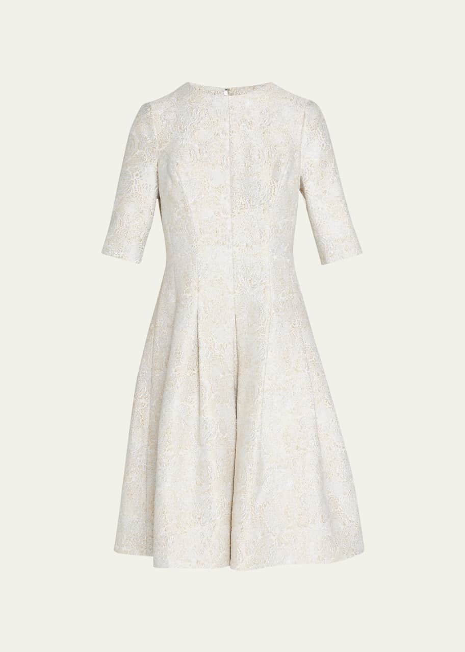 Rickie Freeman for Teri Jon Elbow-Sleeve Pleated Jacquard Midi Dress -  Bergdorf Goodman