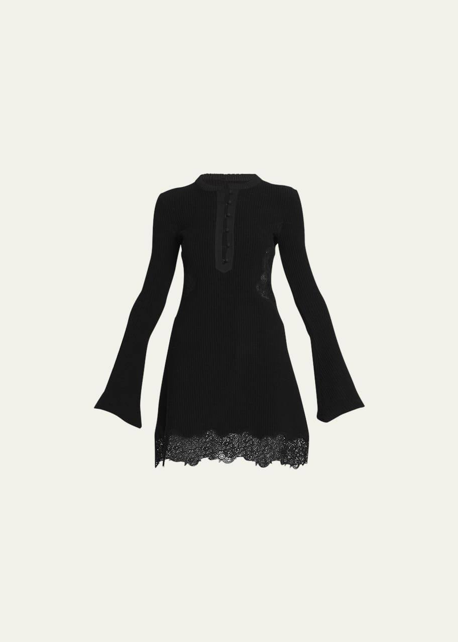 Chloe Lace Insert Flare-Sleeve Rib Short Dress - Bergdorf Goodman