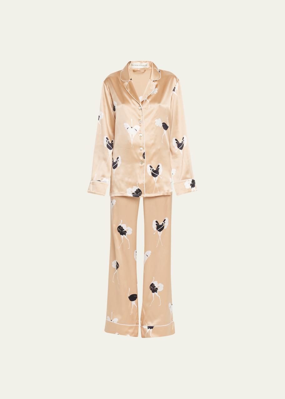 Olivia von Halle Lila Capricia Ostrich-Print Silk Pajama Set