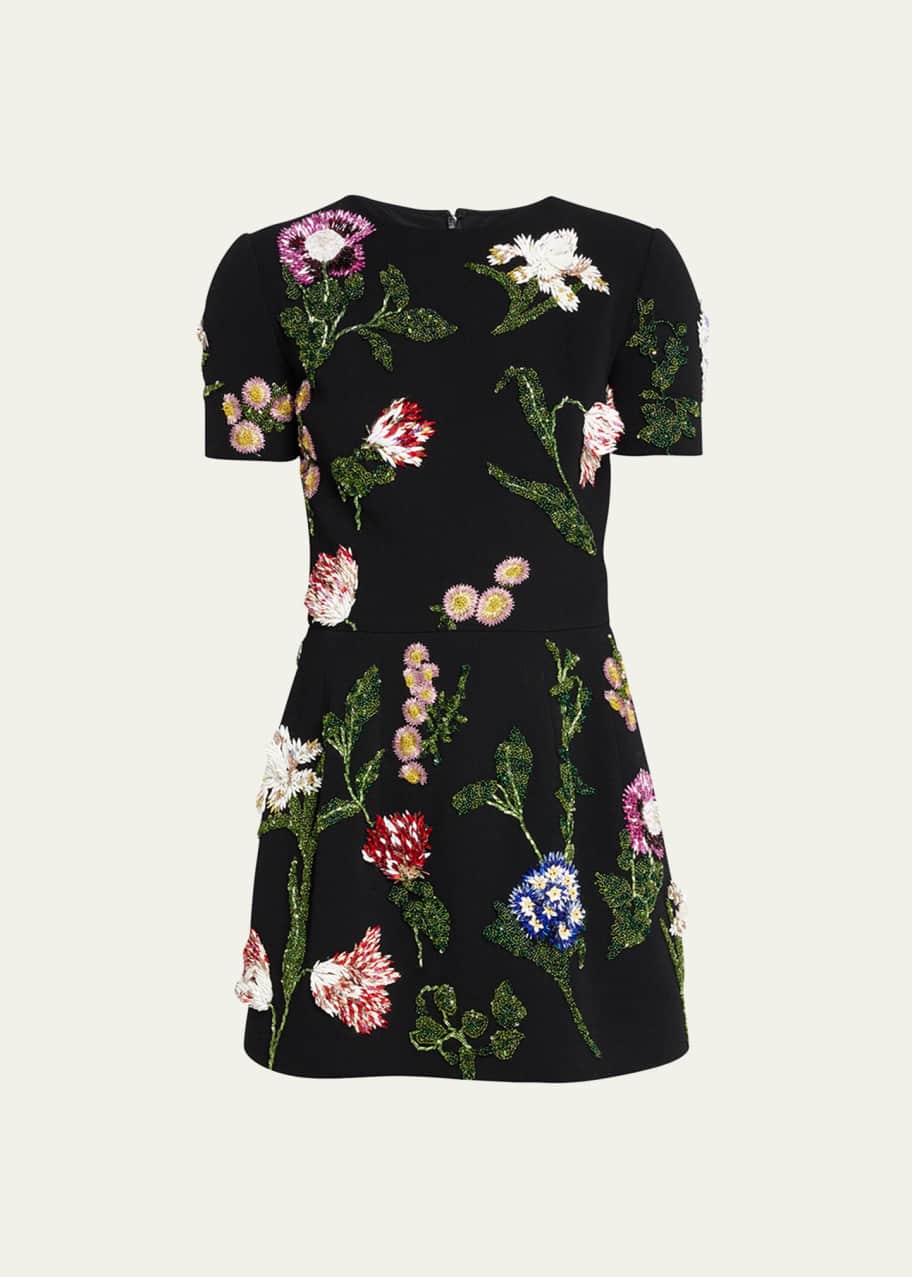 Oscar de la Renta Crystal Floral-Embroidered Wool Mini Dress