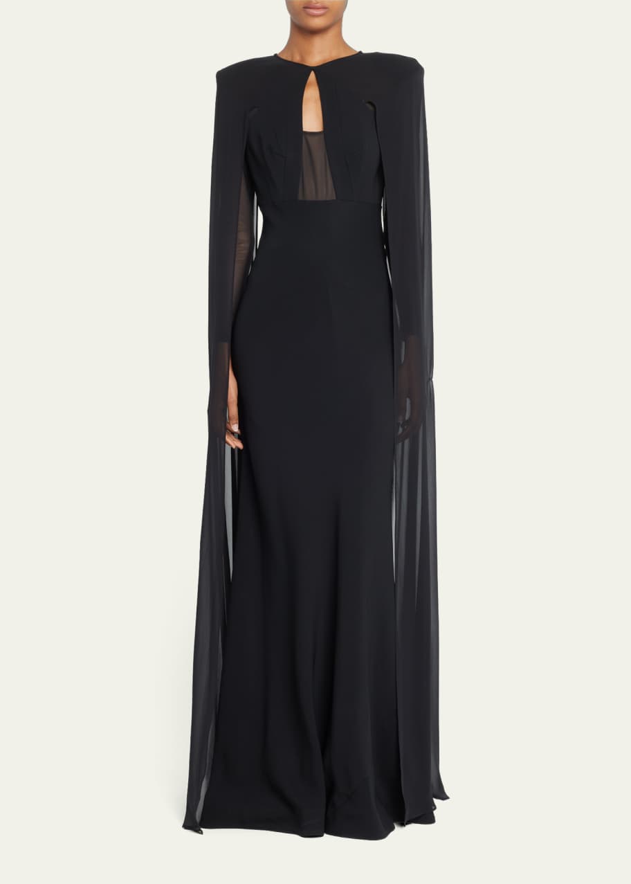 Roland Mouret Cape-Sleeve Evening Gown w/ Mesh Detail - Bergdorf Goodman