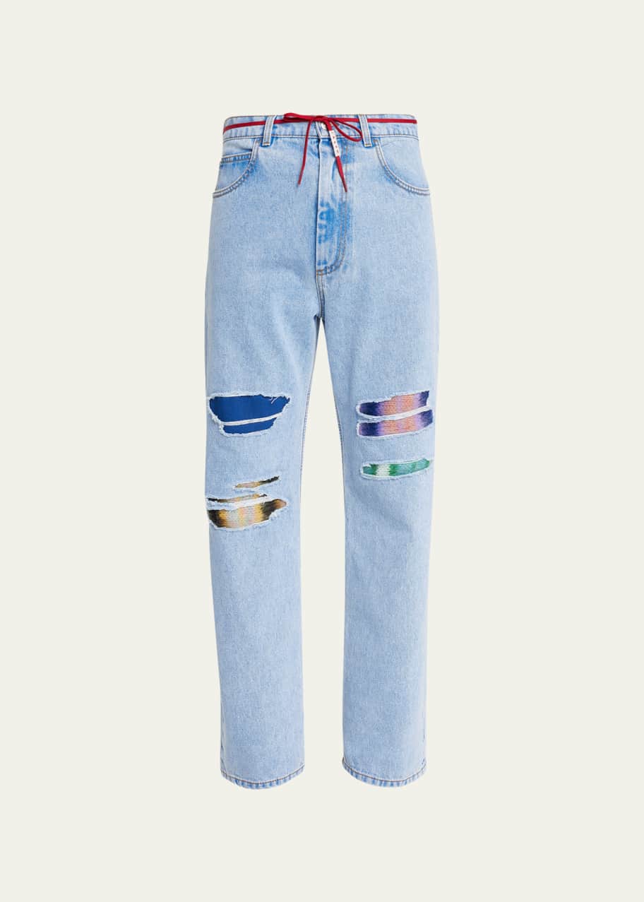 Marni Men's Allover-Rip Mohair Patch Straight-Leg Jeans