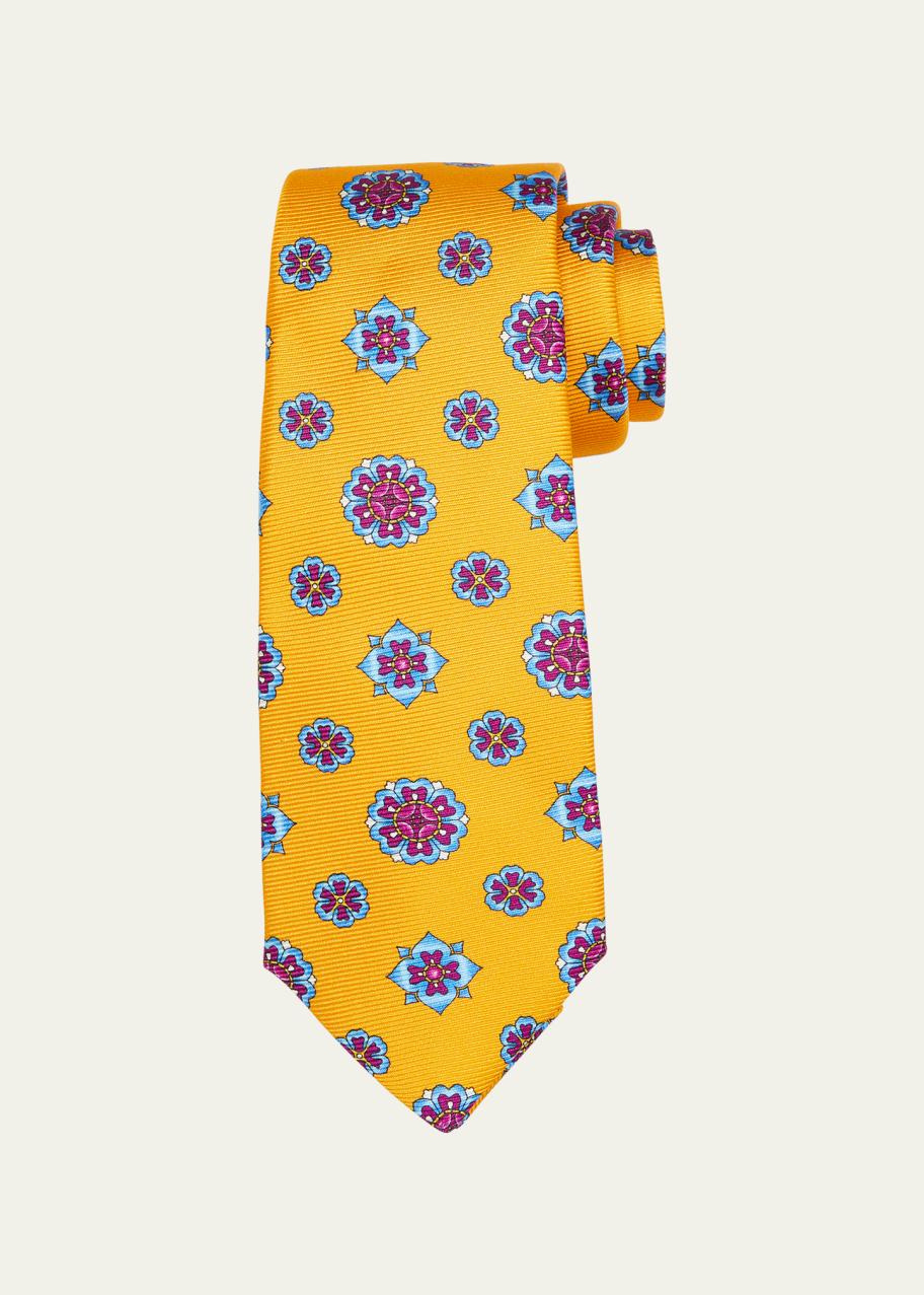 Cravate KITON Orange Et Blanc à Médaillon Imprimé - 7 Folds - Neuf Avec étiquettes