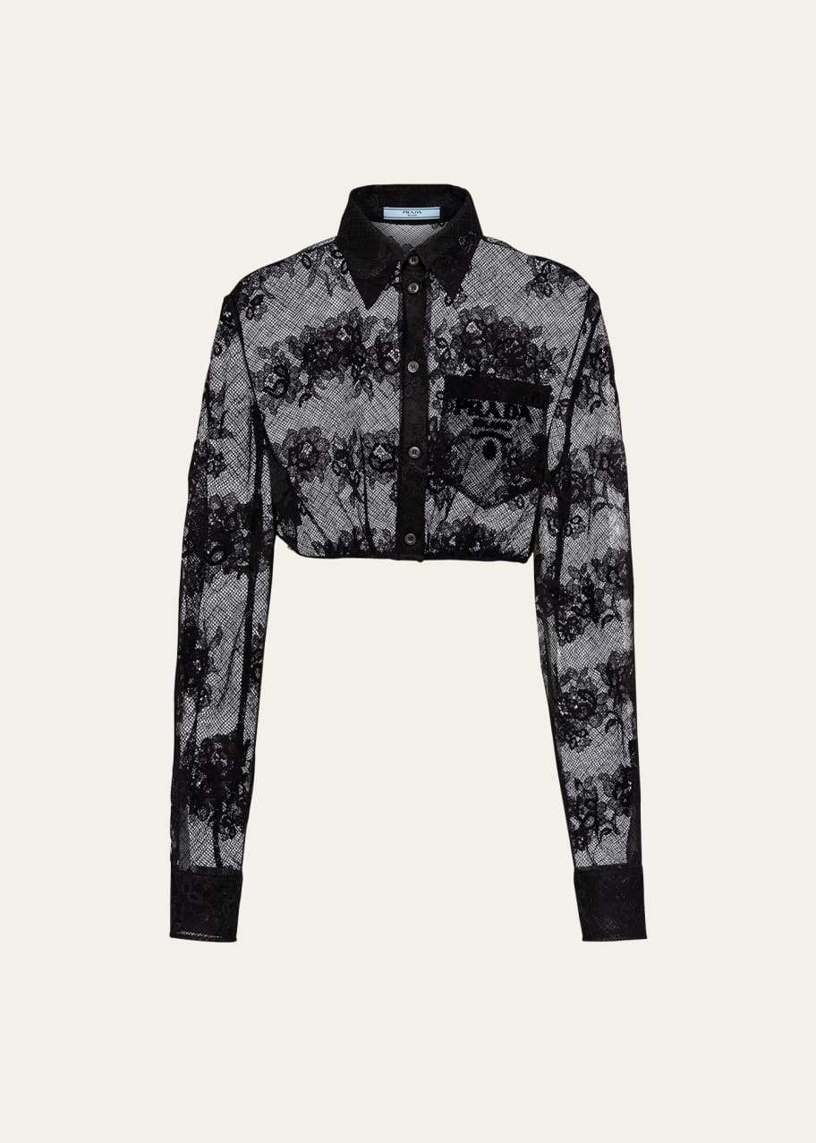 Prada Floral Lace Flocked Logo Crop Blouse - Bergdorf Goodman