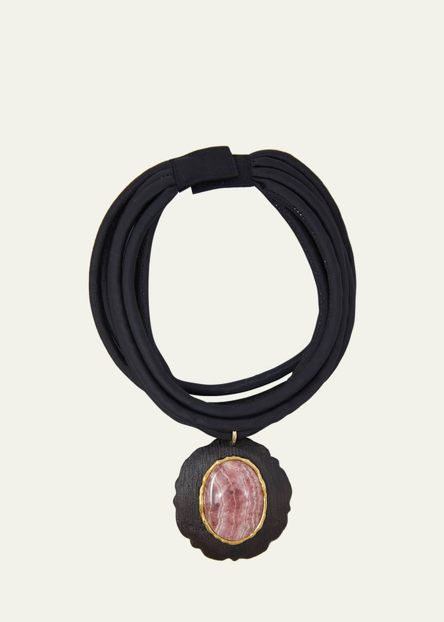 Image 1 of 1: Ebony Wood and Rhodochrosite Pendant on Woven Silk Cord