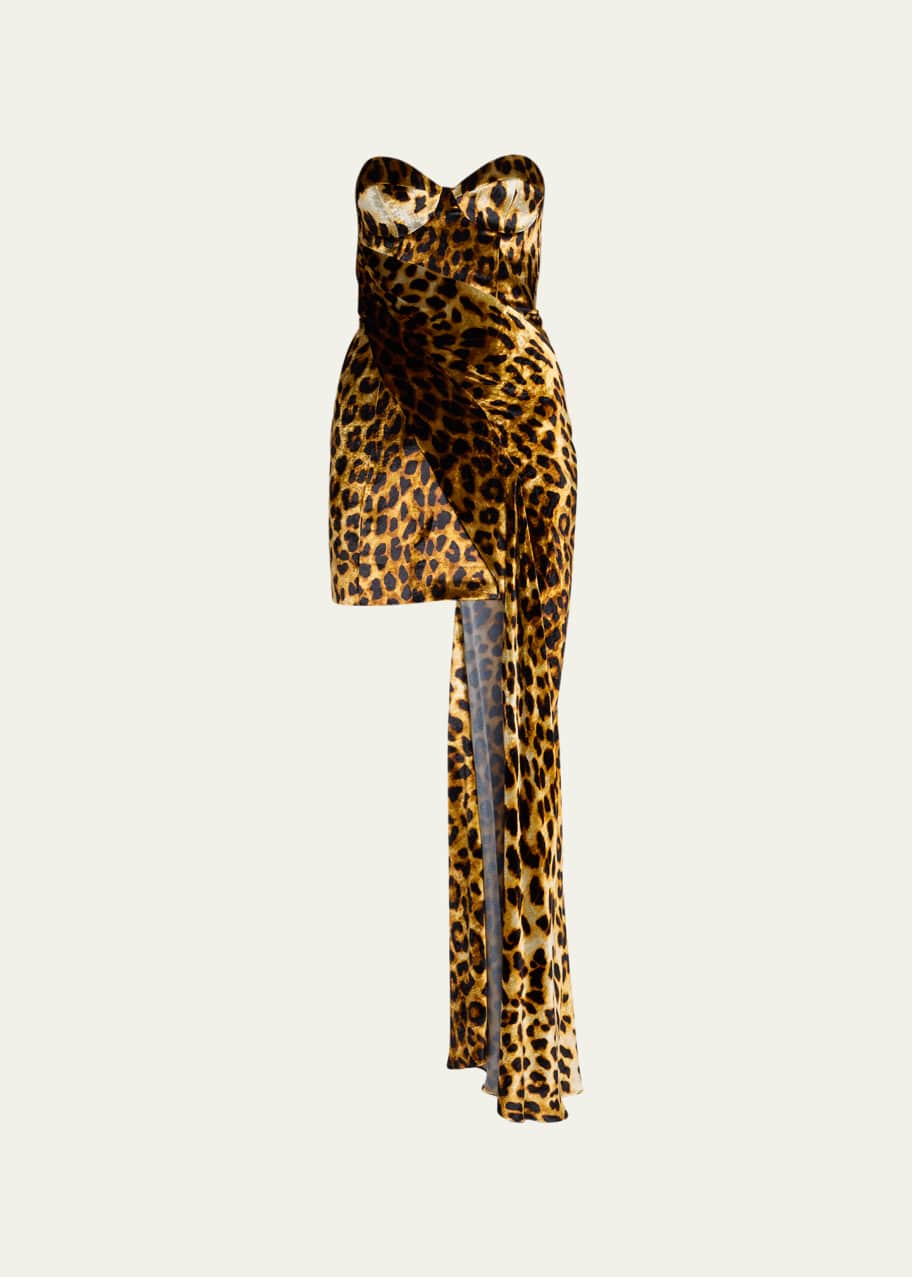 Halpern Leopard Print Bustier Mini Dress with Draped Train Bergdorf Goodman
