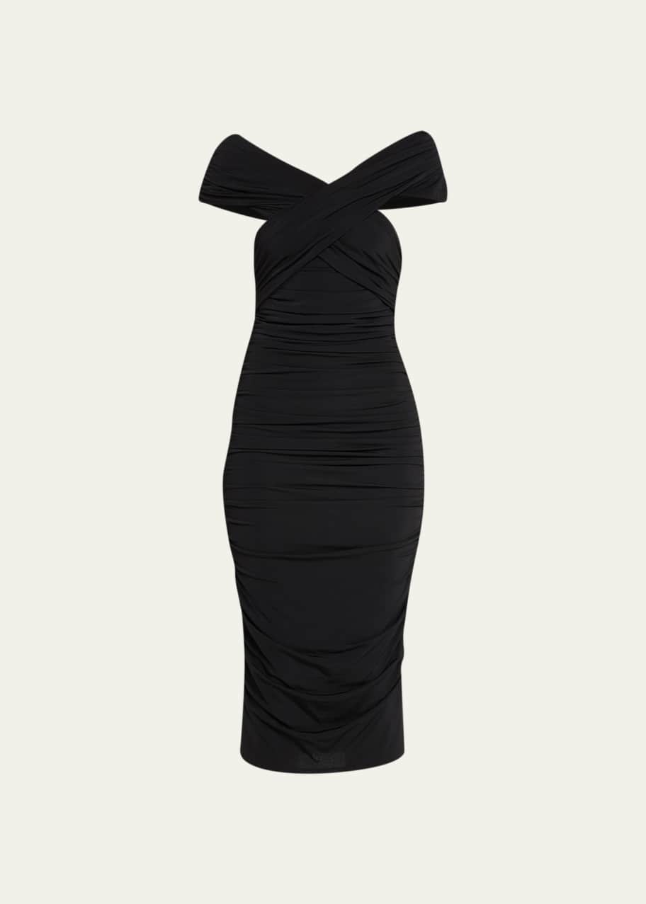 off the shoulder armani dress Armani Exchange Off Shoulder Bodycon Long Sleeve Maxi Dress in Black