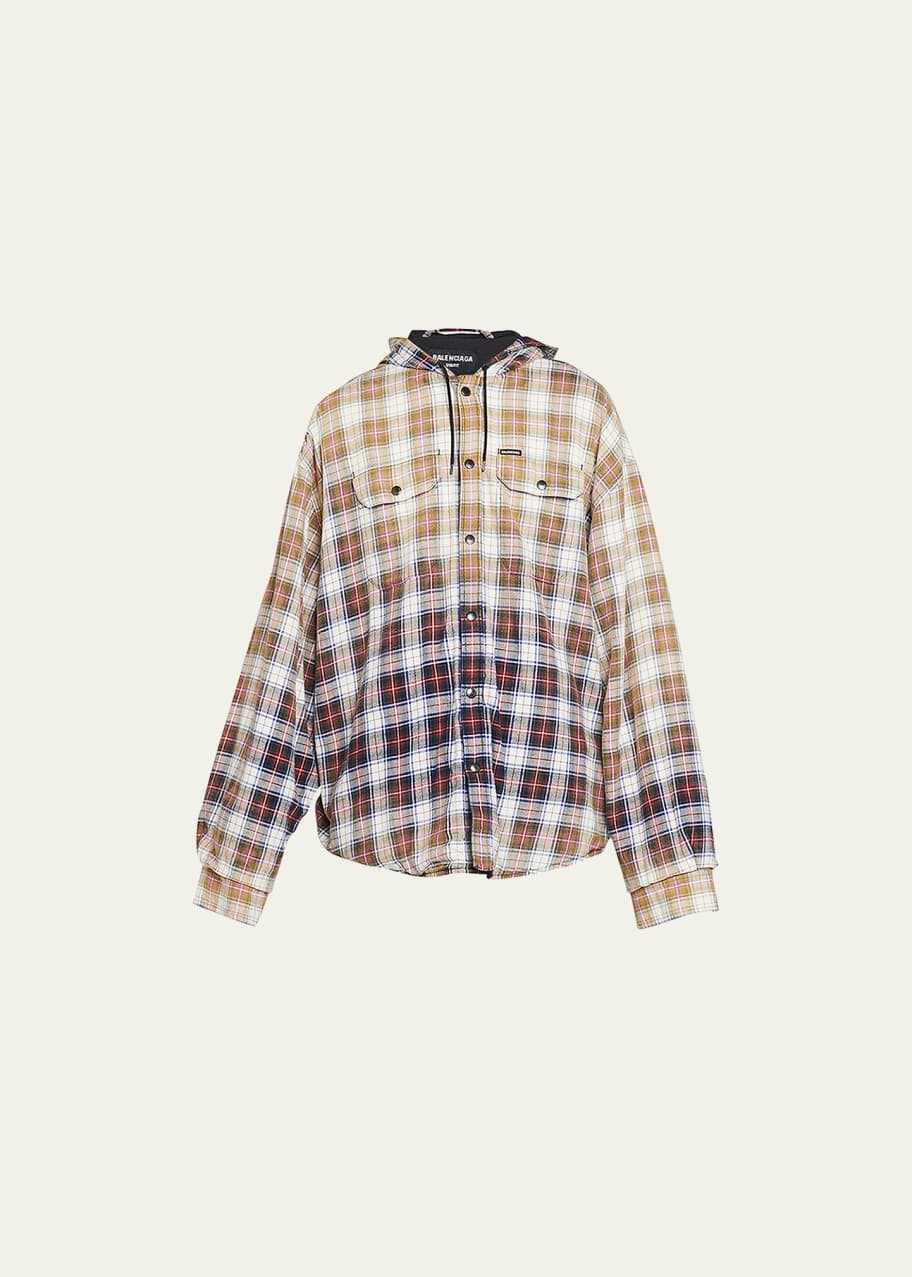 Balenciaga Men's Bleached Flannel Shirt Jacket w/ Hood - Bergdorf 