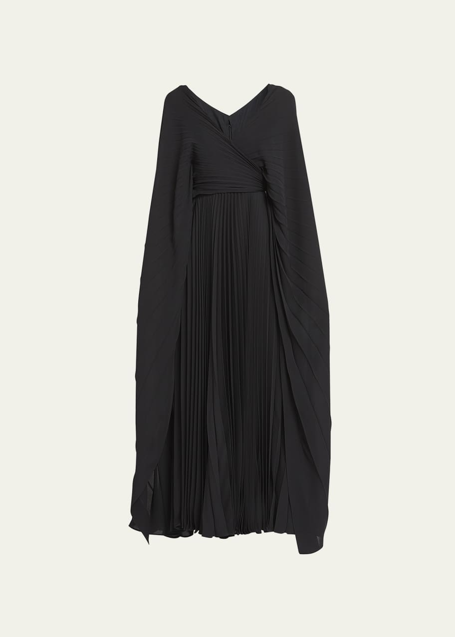 valentino pleated cape dress Cape-effect pleated printed silk crepe de chine midi dress - beige