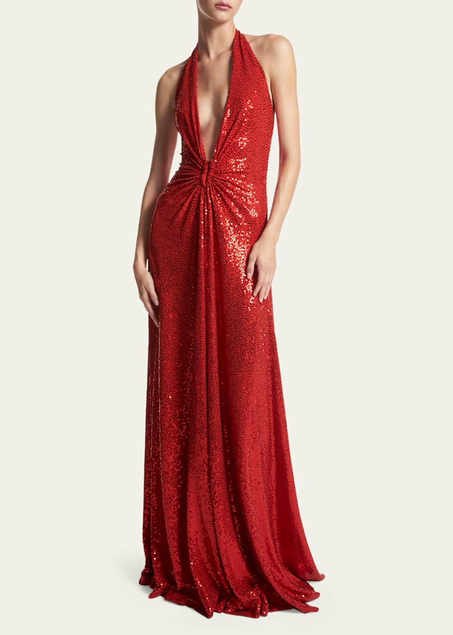 Michael Kors Collection Plunging Sequin Gathered U-Ring Halter Gown -  Bergdorf Goodman