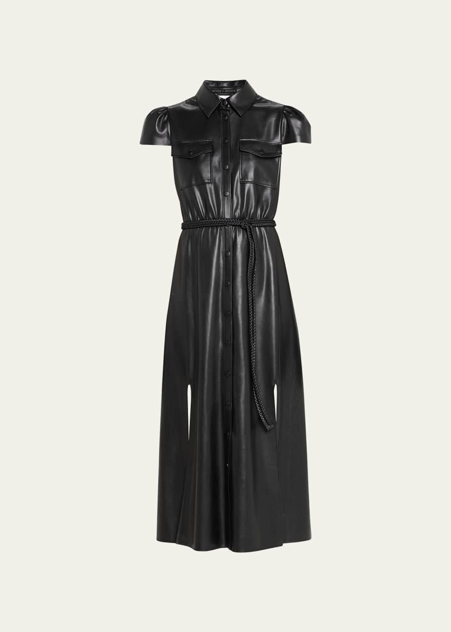 knee length dresses for ladies Belted Waist Short Sleeves Leather Mini Dress Xs / Red
