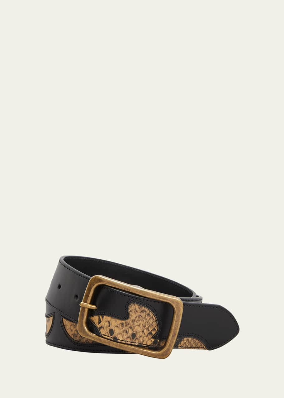 Dries Van Noten Men's Snake-Print Mixed Leather Belt - Bergdorf 