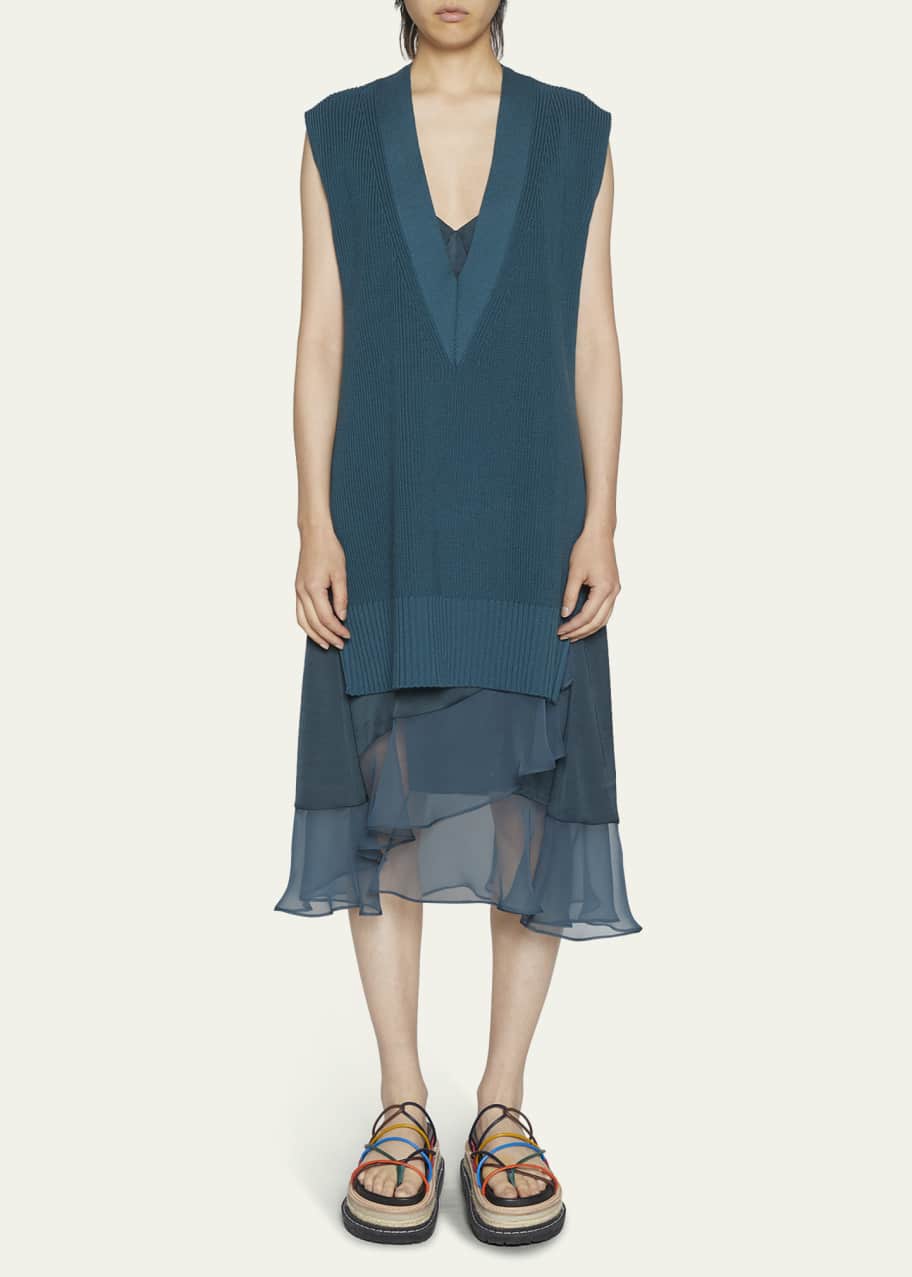 sweater vest midi dress Rorah - Long-Sleeve Collared Midi A-Line Dress / Patterned Sweater Vest