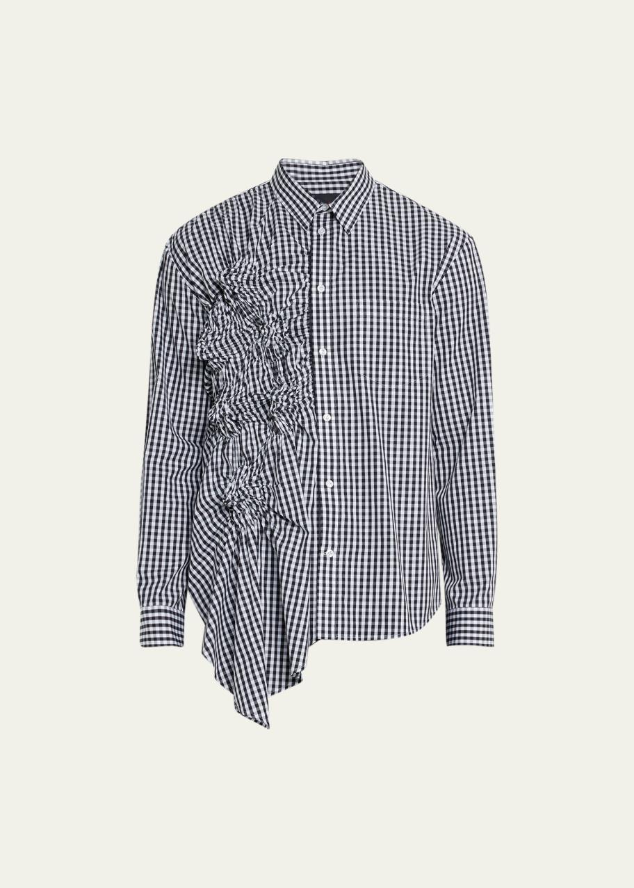 Simone Rocha Men's Gingham Asymmetric Ruched Shirt - Bergdorf Goodman