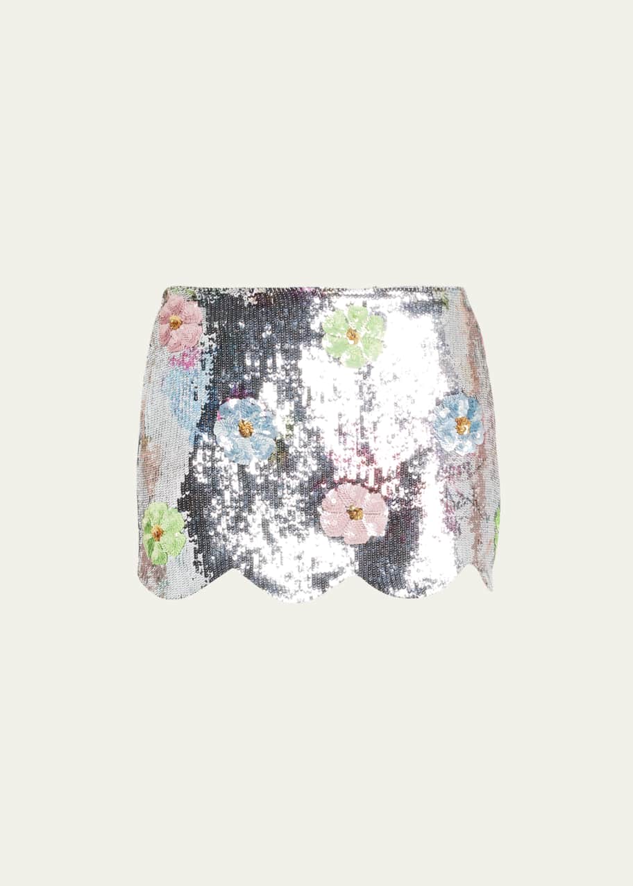Brandon Maxwell The Nova Sequin Mini Skirt w/ Floral Details