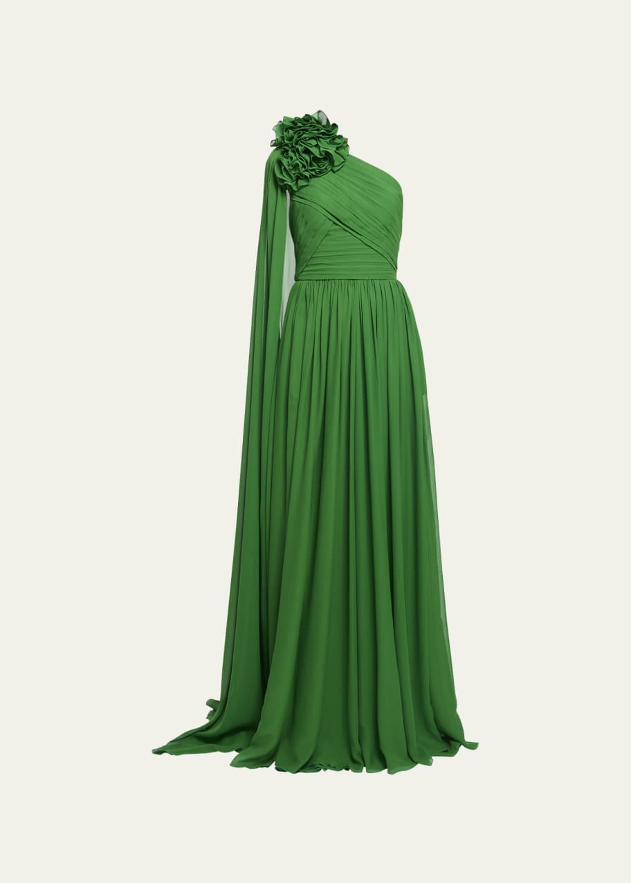 Elie Saab One-Shoulder Drape Ruffle-Neck Georgette Gown - Bergdorf Goodman