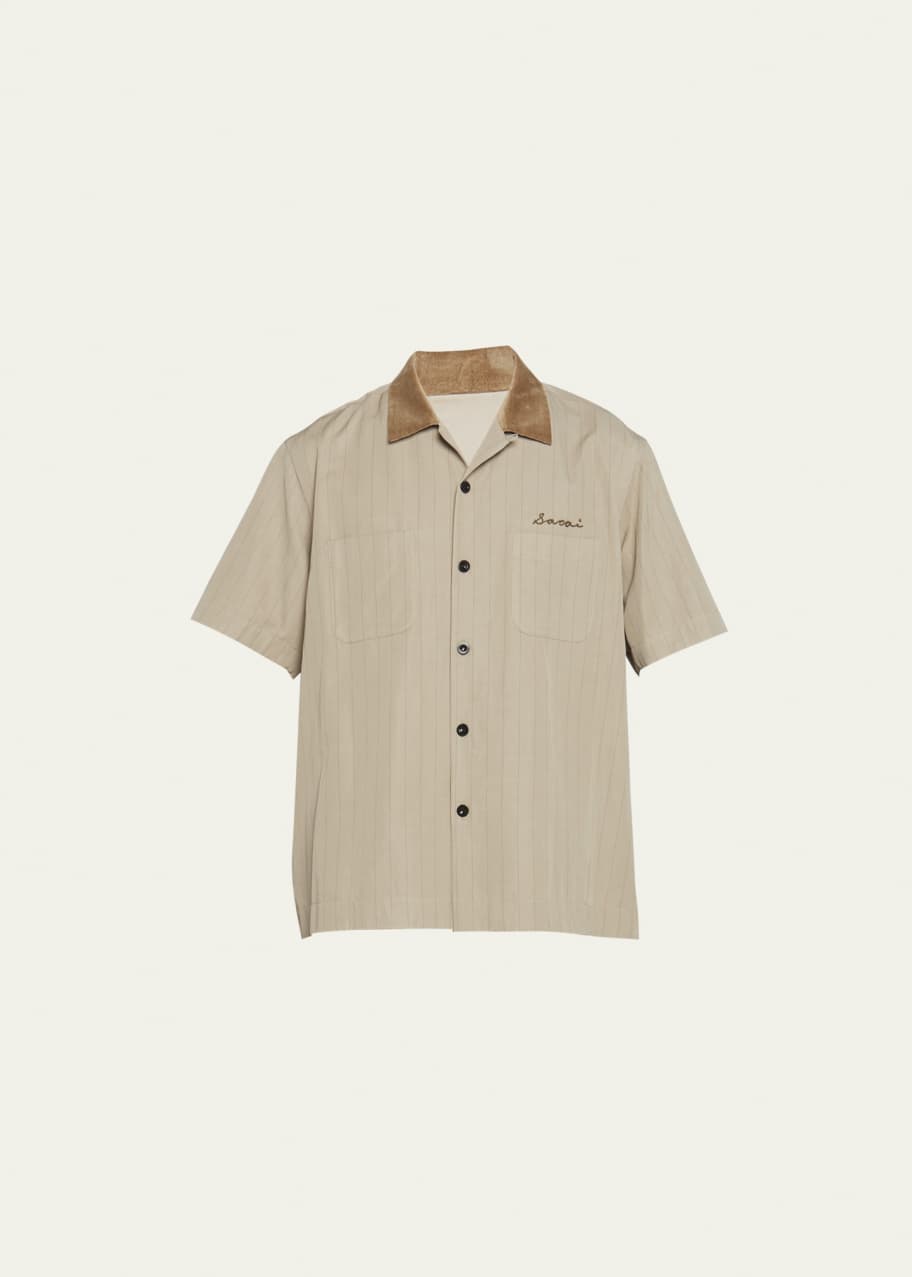 sacai 22ss コットンウェザーシャツ　キャメル SACAI Men's Pinstriped Velvet-Collar Short-Sleeve Shirt - Bergdorf