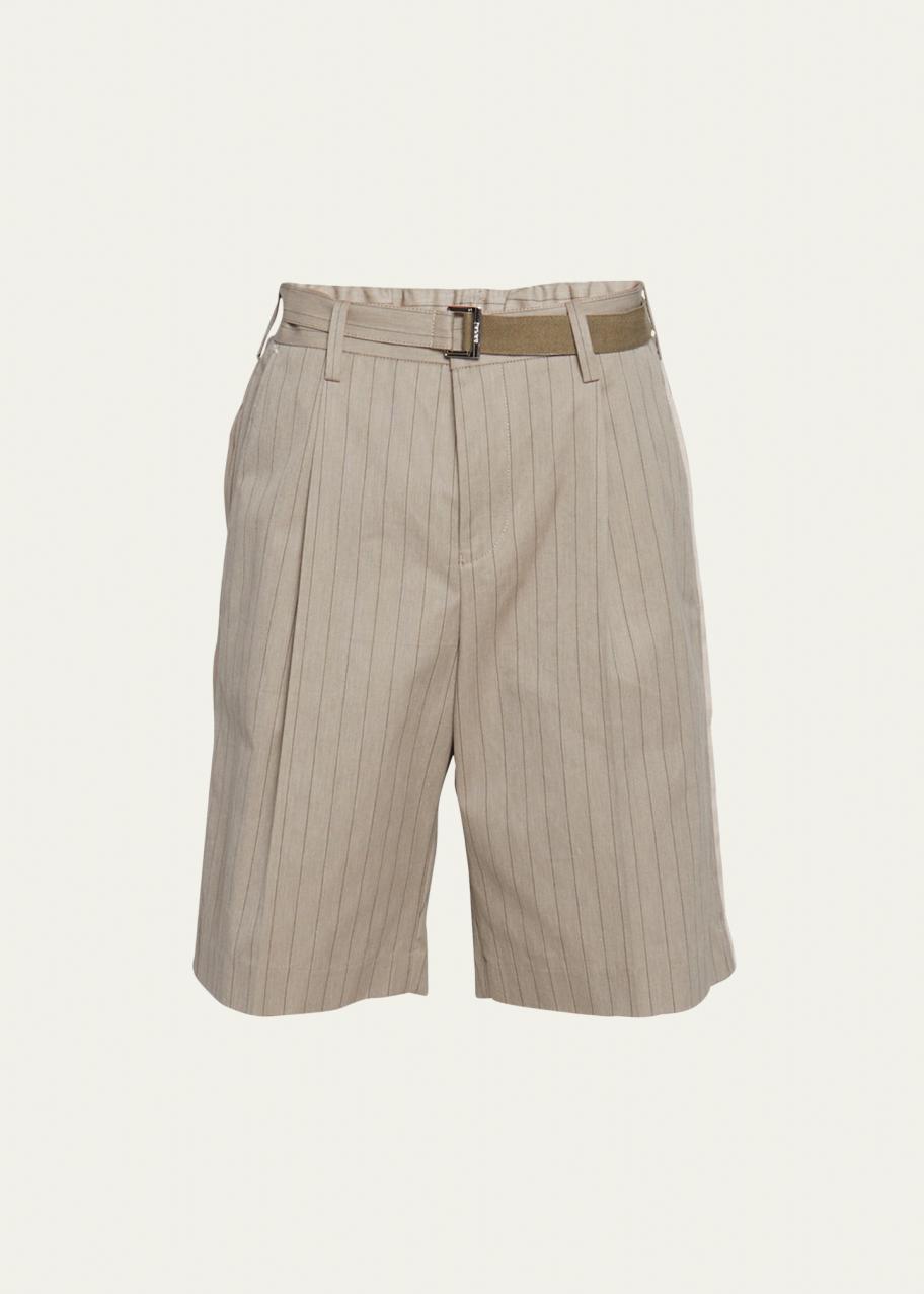 sacai Men's Cotton-Blend Pinstripe Self-Belt Pleated Shorts