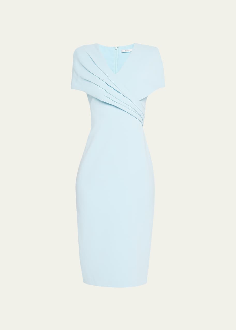 Badgley Mischka Pleated Faux Shoulder Wrap Day Dress, Size: 0 in Azure