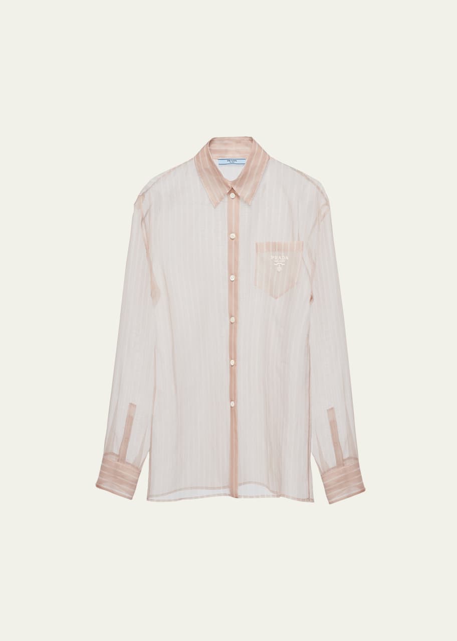 Image 1 of 1: Logo-Print Organza Stripe Blouse