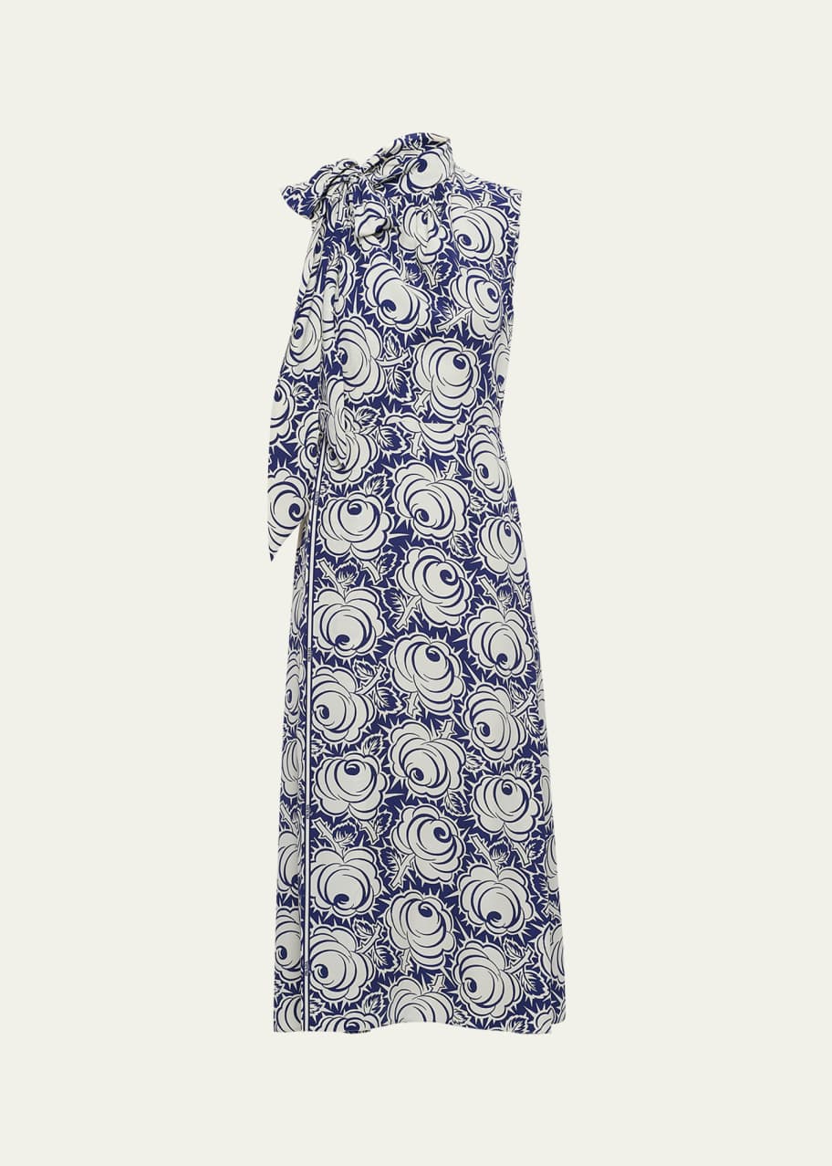 Image 1 of 1: Floral-Print Midi Dress with Scarf Neck