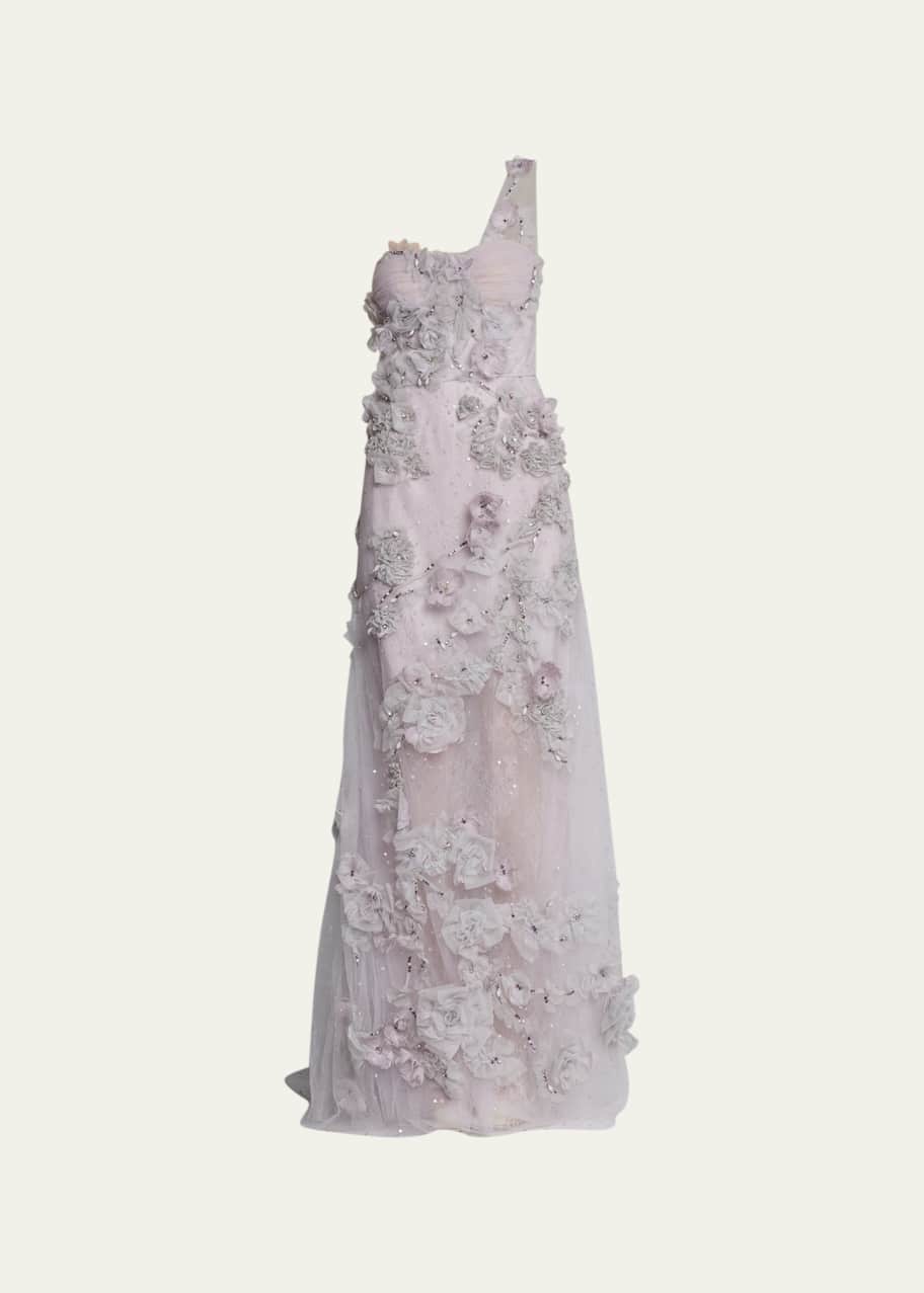 Marchesa Floral Organza One-Shoulder Illusion Tulle Gown - Bergdorf Goodman