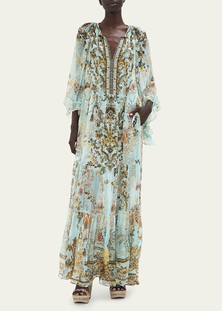 Camilla Wide-Sleeve Gathered Silk Maxi Dress - Bergdorf Goodman