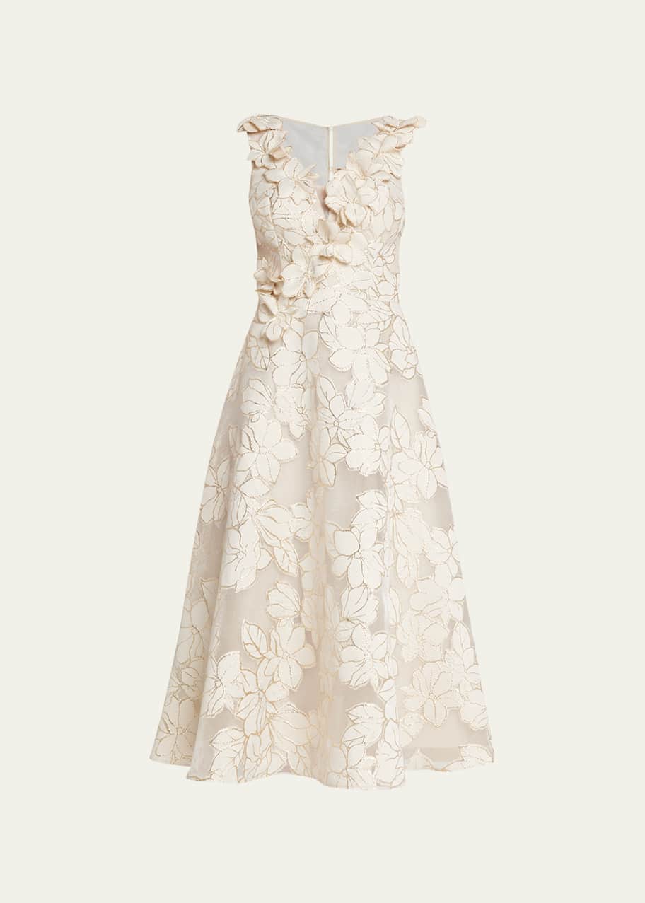 Metallic Floral Applique Burnout Organza Midi Dress