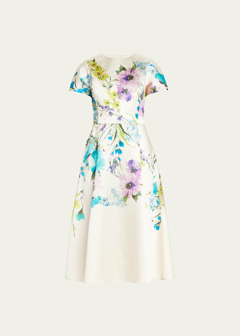 Rickie Freeman for Teri Jon Floral-Print Short-Sleeve Mikado Midi