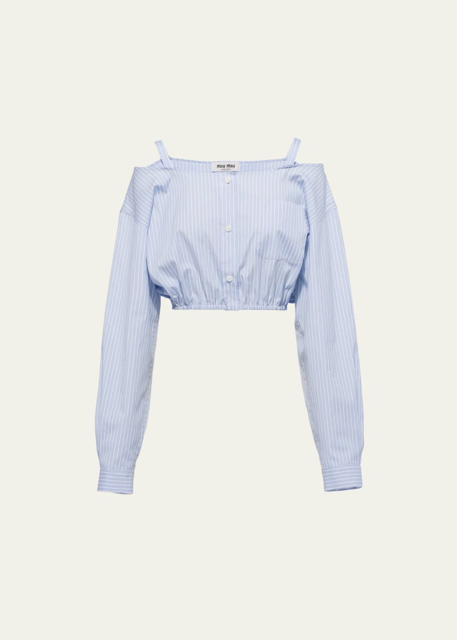 Miu Miu Stripe Cold-Shoulder Chambray Crop Shirt - Bergdorf Goodman
