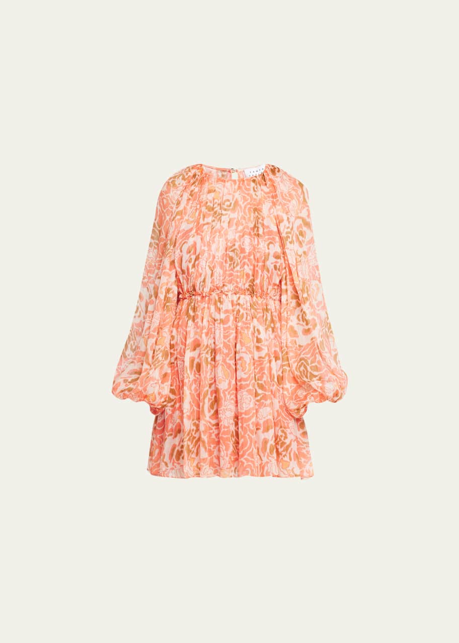 Image 1 of 1: York Floral Linen-Silk Blouson-Sleeve Mini Dress