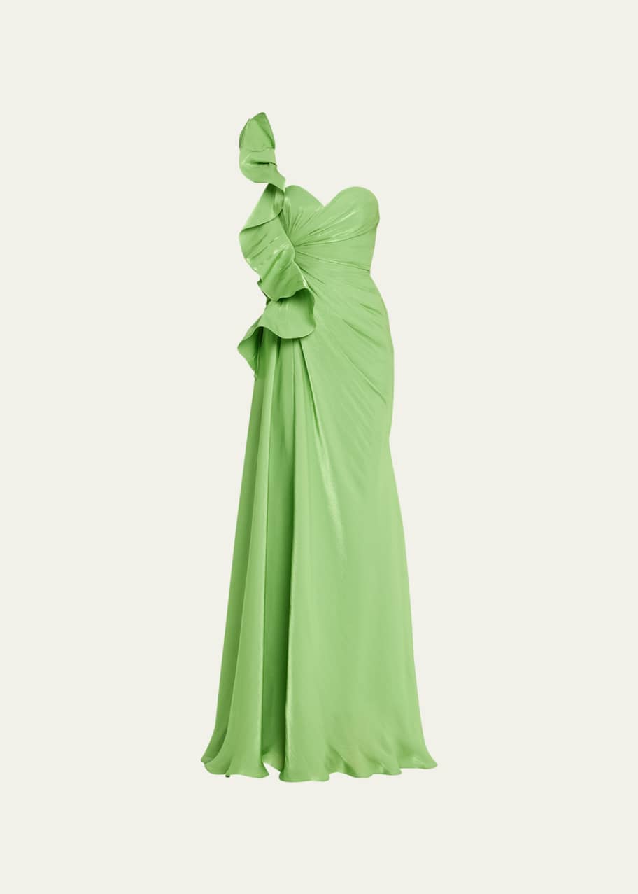 badgley mischka one shoulder ruffle dress Ruffle One Shoulder Print Dress in Lilac Multi