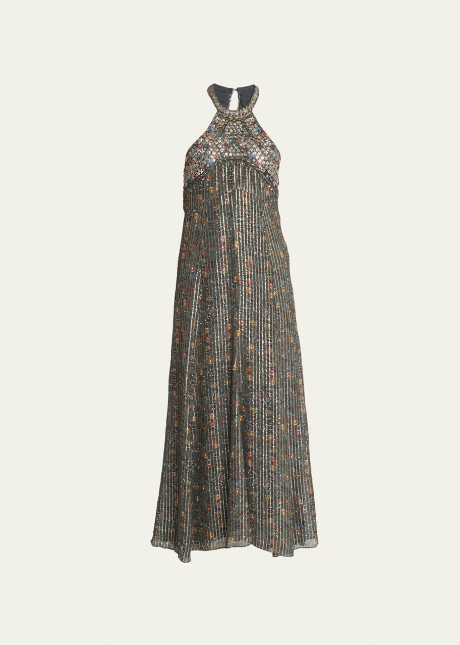 Isabel Marant Ophelie Metallic Striped Beaded Halter Maxi Dress - Bergdorf  Goodman