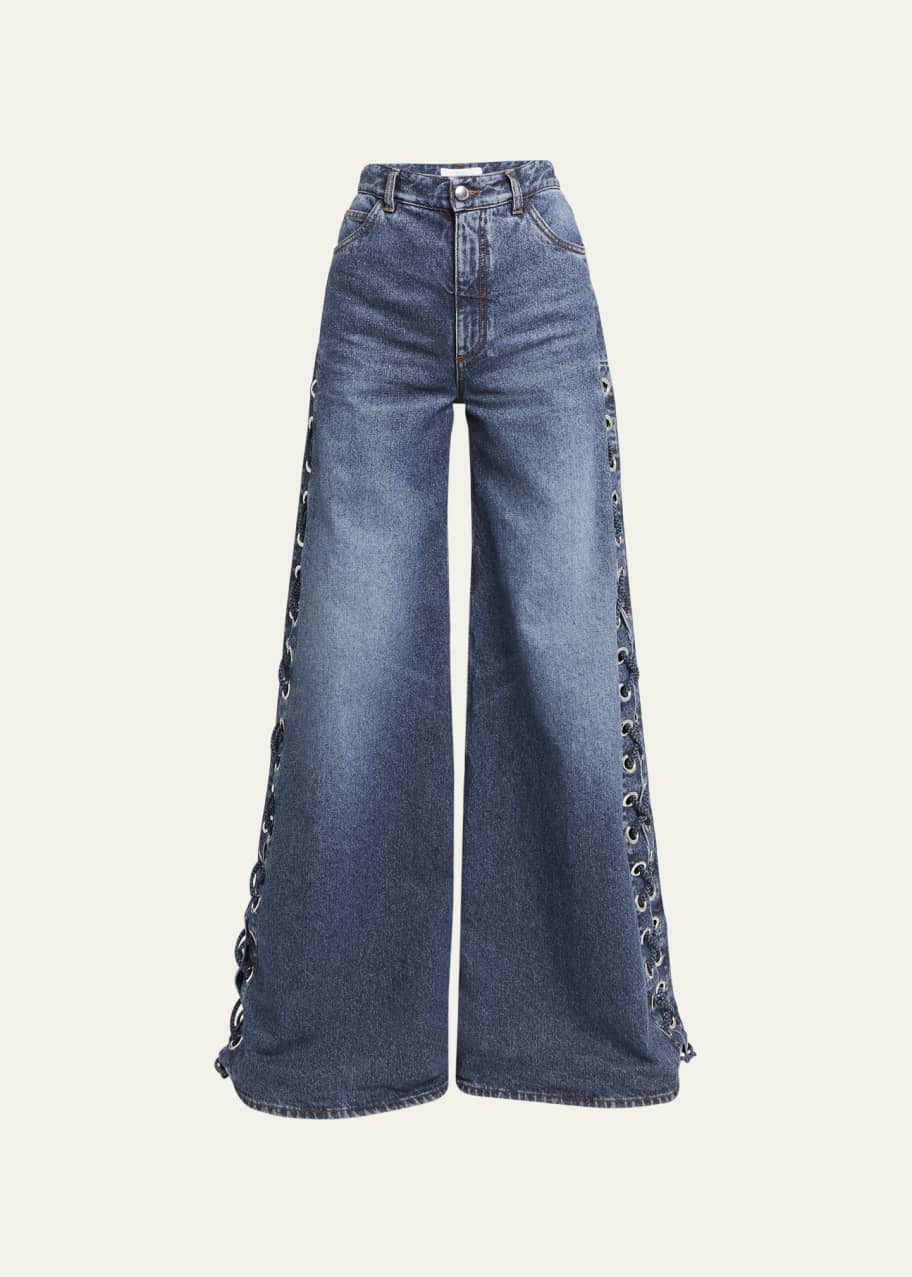 Chloe Wide-Leg Denim Trousers with Lace-Up Detail Bergdorf Goodman