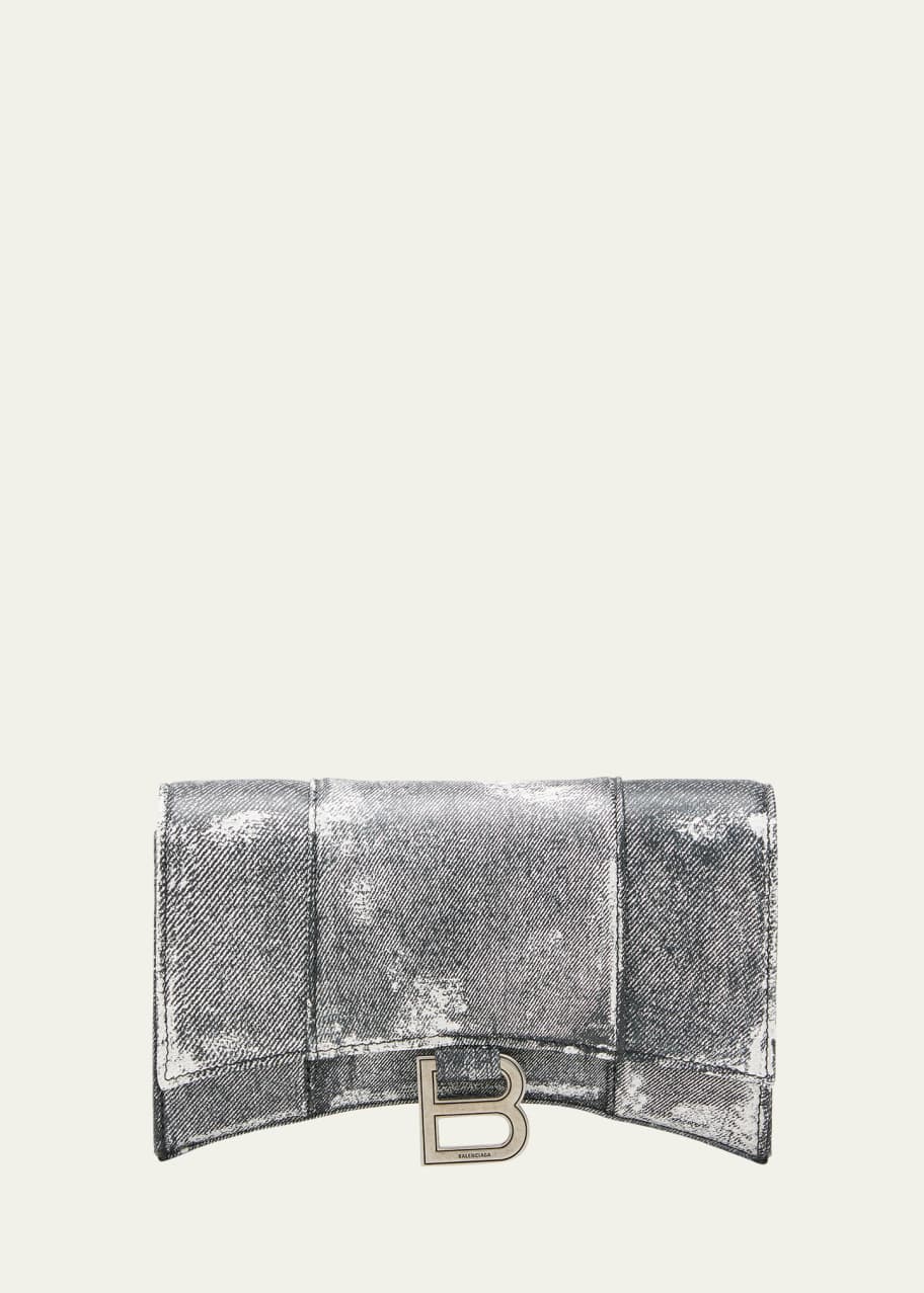 Hourglass Denim-Print Leather Wallet on Chain
