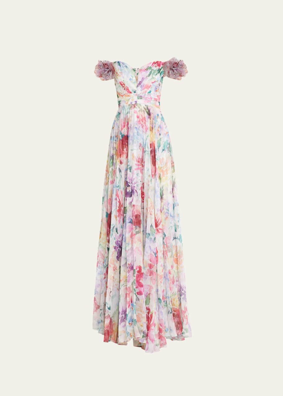 Marchesa Notte Pleated Floral-Print Off-Shoulder Gown - Bergdorf Goodman