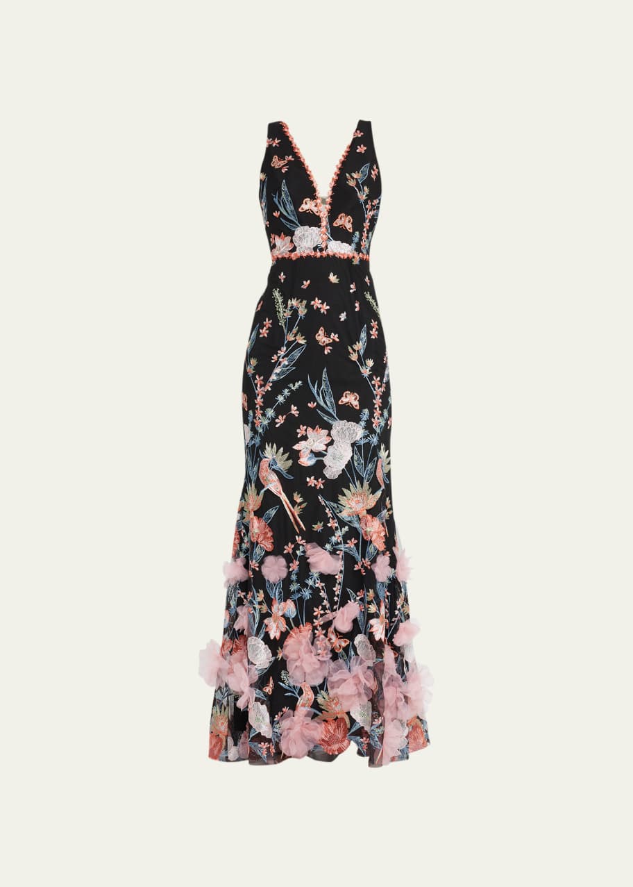 Marchesa notte v sales neck embroidered gown