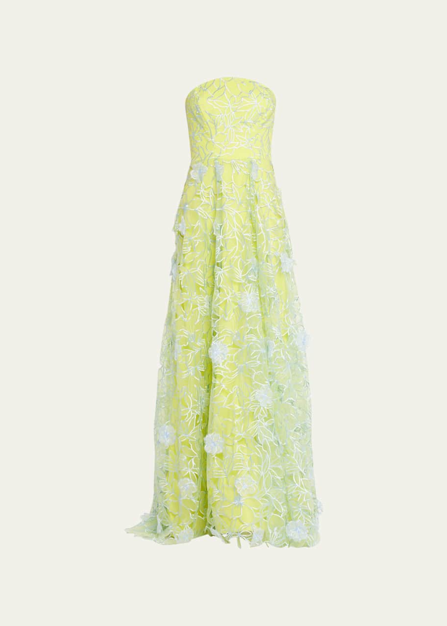 pink dress with embroidered flowers Marchesa Notte Strapless Printed Mikado Ball Gown main image 1