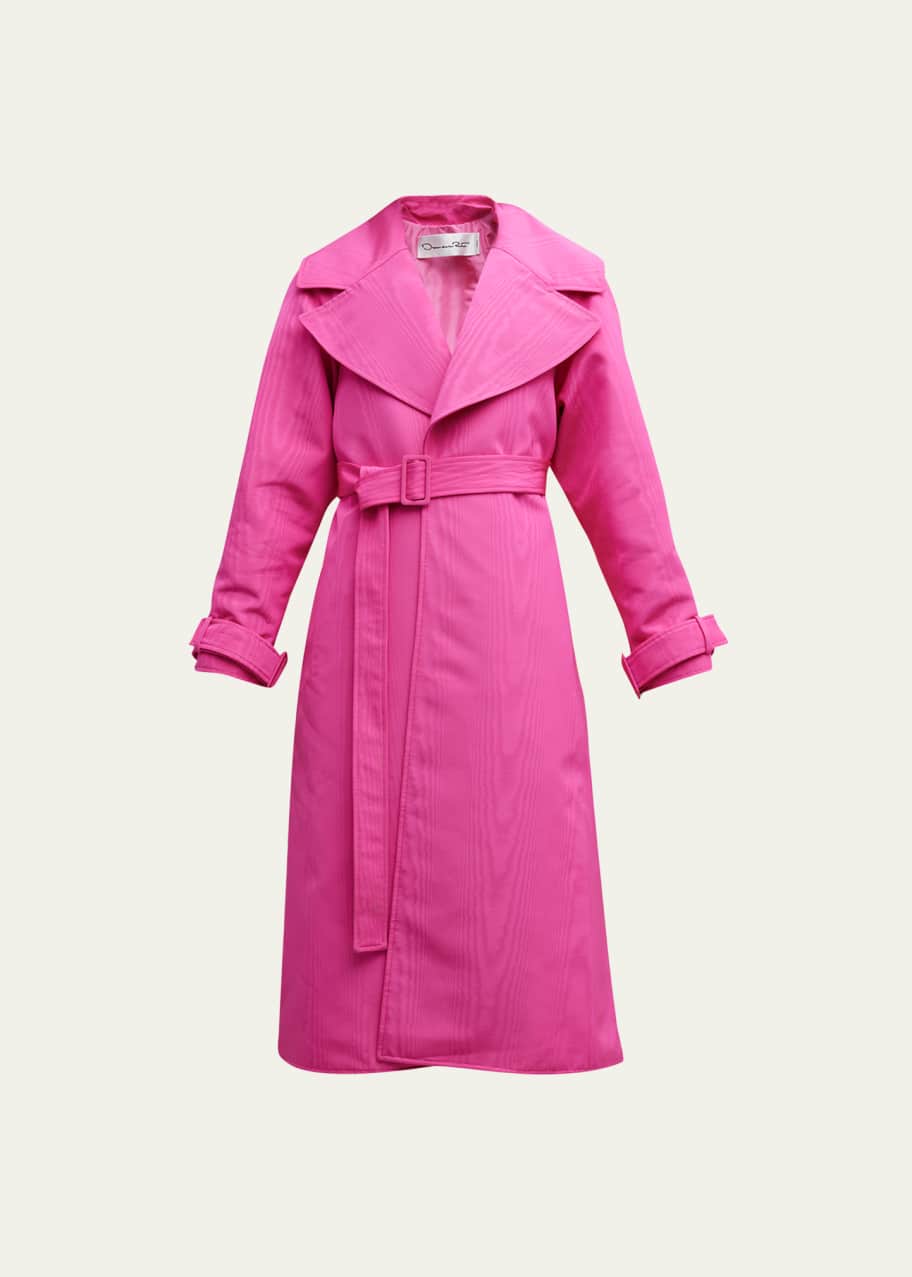 Oscar de la Renta Moire Faille Belted Trench Coat with Tulle Back