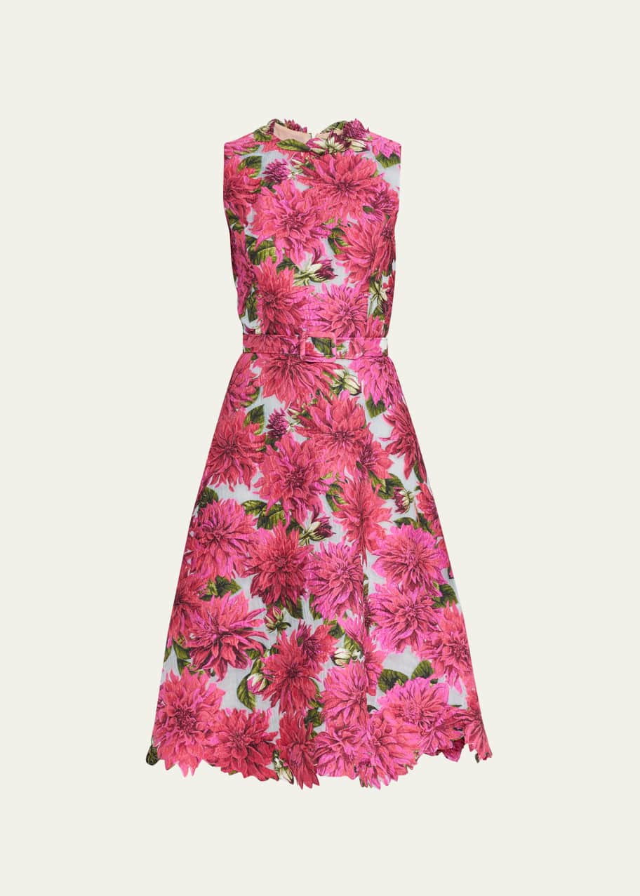 Oscar de la Renta Dahlia Print Belted Coupe Midi Dress with Embroidered  Trim - Bergdorf Goodman