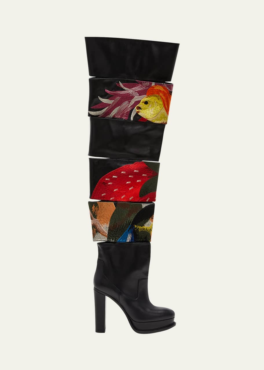 Slashed Embroidered Thigh High Platform Boots