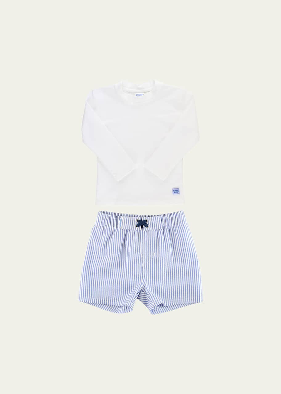 Image 1 of 1: Boy's Periwinkle Striped Swim Shorts And Rashguard Set, Size 3M-8