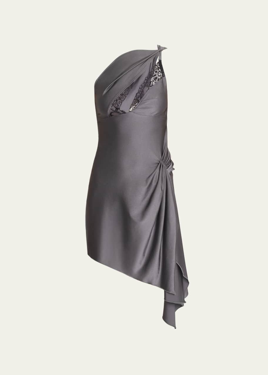 Coperni Asymmetric Cutout Lace-Trim One-Shoulder Mini Dress