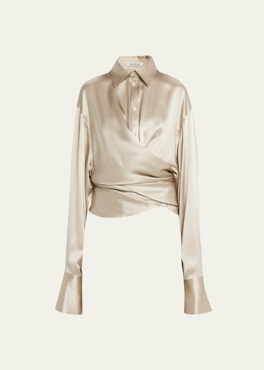 Image 1 of 1: Button-Front Silk Wrap Shirt