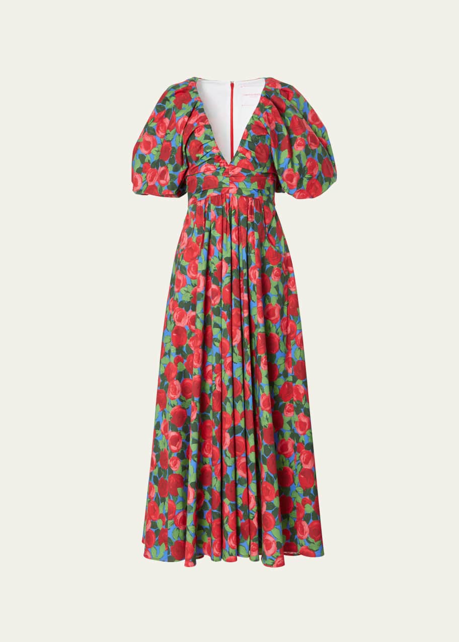 Carolina Herrera Ruched V-Neck Floral Print Midi Dress - Bergdorf Goodman