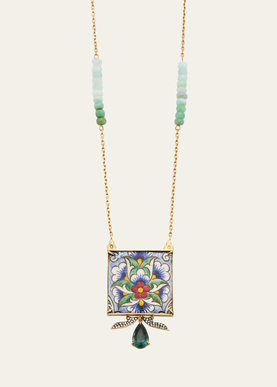 Image 1 of 1: Yellow Gold Neckalace with Diamond, Green Tourmaline and Opal