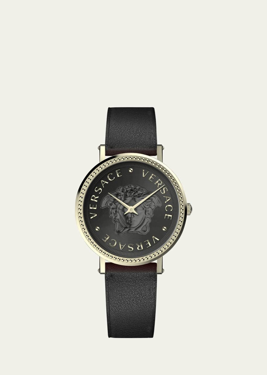 Image 1 of 1: 37mm V-Dollar Watch with Leather Strap, Yellow Gold/Black